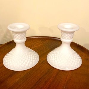 Vintage milk glass diamond hobnail candle stick.